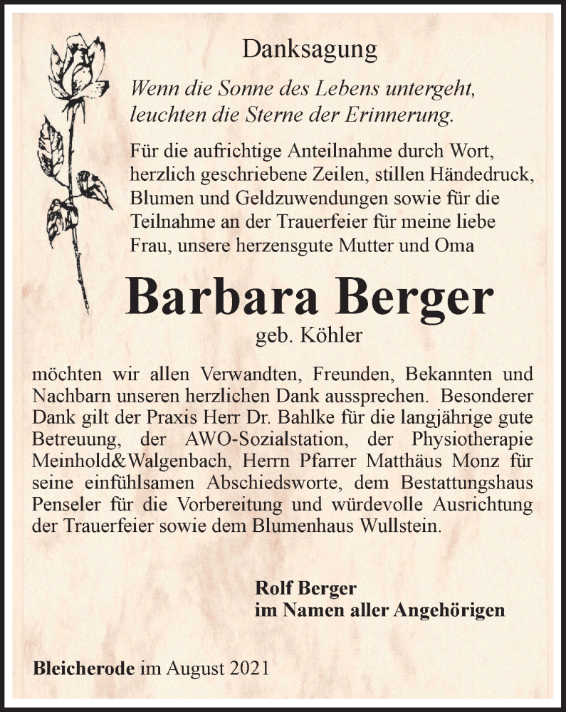  Traueranzeige für Barbara Berger vom 04.09.2021 aus Thüringer Allgemeine