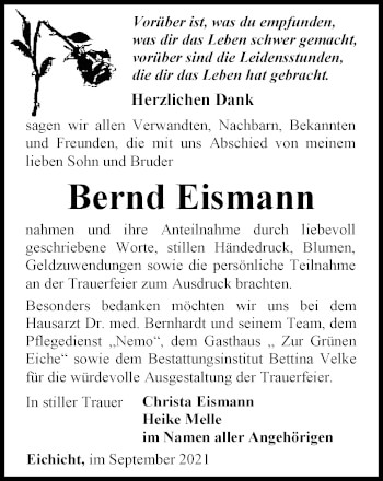 Traueranzeige von Bernd Eismann von Ostthüringer Zeitung