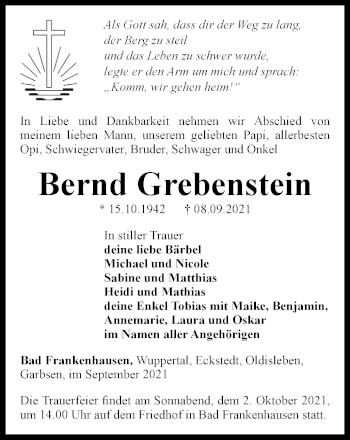 Traueranzeige von Bernd Grebenstein von Thüringer Allgemeine