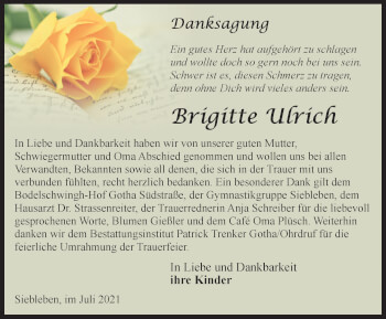 Traueranzeige von Brigitte Ulrich von Thüringer Allgemeine, Thüringische Landeszeitung