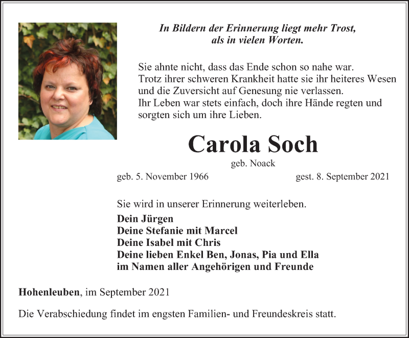  Traueranzeige für Carola Soch vom 11.09.2021 aus Ostthüringer Zeitung