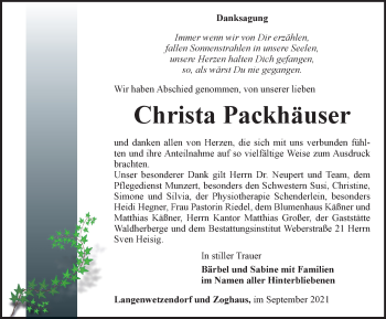 Traueranzeige von Christa Packhäuser von Ostthüringer Zeitung