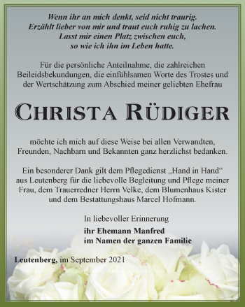 Traueranzeige von Christa Rüdiger von Ostthüringer Zeitung