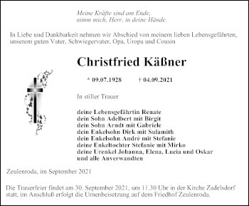 Traueranzeige von Christfried Käßner von Ostthüringer Zeitung