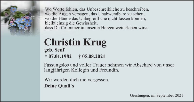  Traueranzeige für Christin Krug vom 06.09.2021 aus Thüringer Allgemeine, Thüringische Landeszeitung