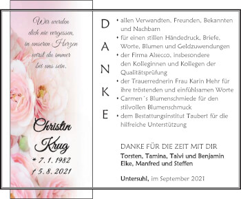 Traueranzeige von Christin Krug von Thüringer Allgemeine, Thüringische Landeszeitung