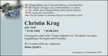 Traueranzeige von Christin Krug von Thüringer Allgemeine, Thüringische Landeszeitung