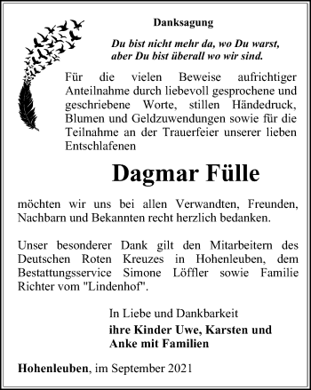 Traueranzeige von Dagmar Fülle von Ostthüringer Zeitung