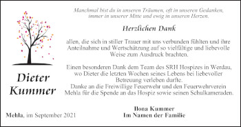 Traueranzeige von Dieter Kummer von Ostthüringer Zeitung