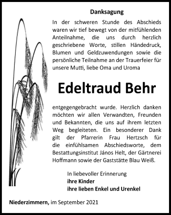 Traueranzeige von Edeltraud Behr von Thüringer Allgemeine, Thüringische Landeszeitung