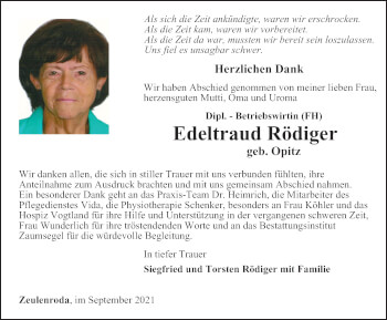 Traueranzeige von Edeltraud Rödiger von Ostthüringer Zeitung