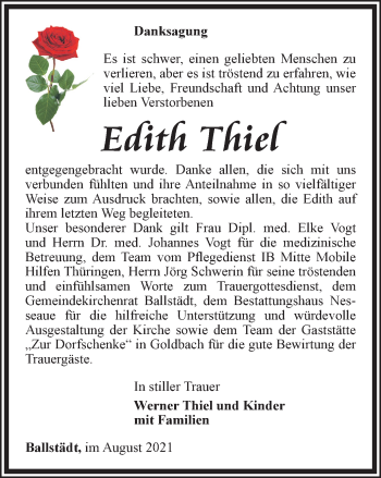 Traueranzeige von Edith Thiel von Thüringer Allgemeine, Thüringische Landeszeitung