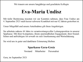 Traueranzeige von Eva-Maria Undisz von Ostthüringer Zeitung, Thüringische Landeszeitung