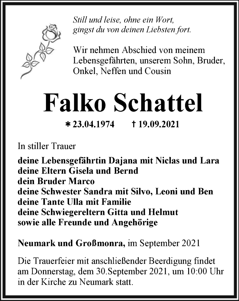  Traueranzeige für Falko Schattel vom 25.09.2021 aus Thüringer Allgemeine, Thüringische Landeszeitung