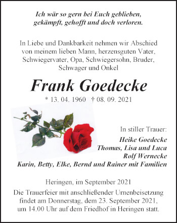 Traueranzeige von Frank Goedecke von Thüringer Allgemeine