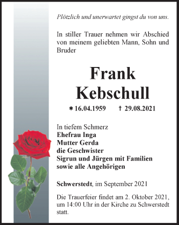 Traueranzeige von Frank Kebschull von Thüringer Allgemeine, Thüringische Landeszeitung