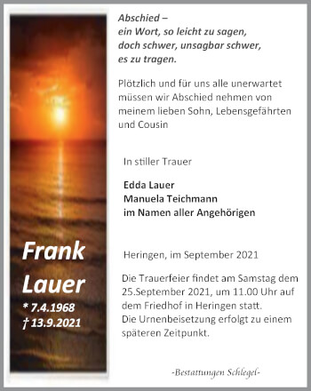 Traueranzeige von Frank Lauer von Thüringer Allgemeine