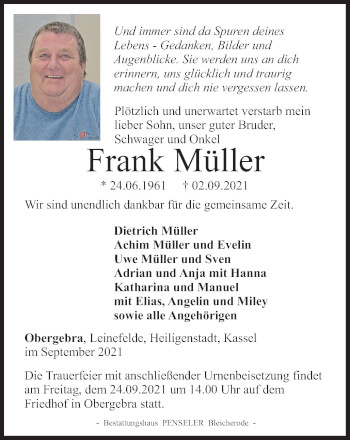 Traueranzeige von Frank Müller von Thüringer Allgemeine