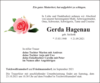 Traueranzeige von Gerda Hagenau von Ostthüringer Zeitung