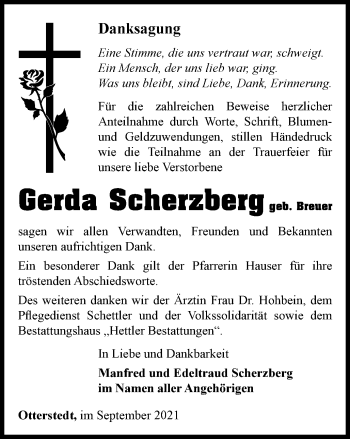 Traueranzeige von Gerda Scherzberg von Thüringer Allgemeine