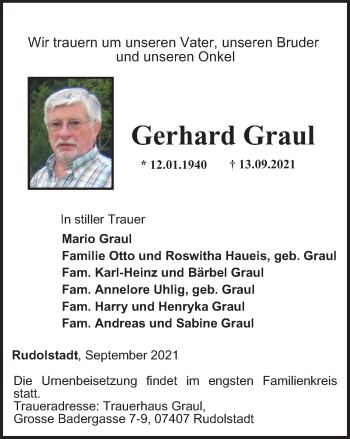 Traueranzeige von Gerhard Graul von Ostthüringer Zeitung