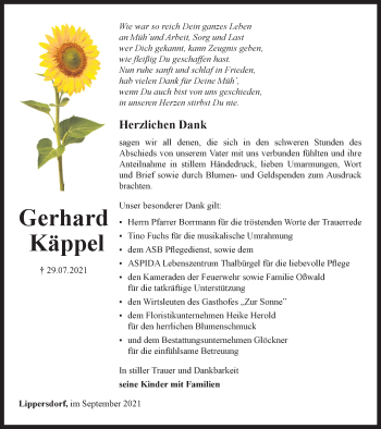 Traueranzeige von Gerhard Käppel von Ostthüringer Zeitung