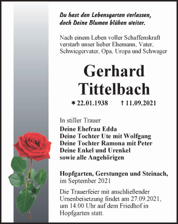 Traueranzeige von Gerhard Tittelbach von Thüringer Allgemeine, Thüringische Landeszeitung