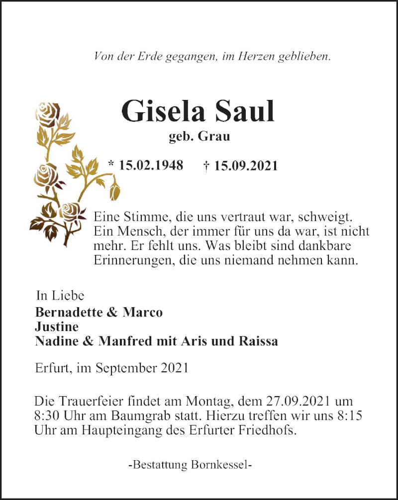  Traueranzeige für Gisela Saul vom 18.09.2021 aus Thüringer Allgemeine, Thüringische Landeszeitung