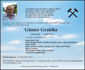 Traueranzeige von Günter Gruhlke