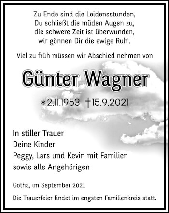 Traueranzeige von Günter Wagner von Thüringer Allgemeine, Thüringische Landeszeitung