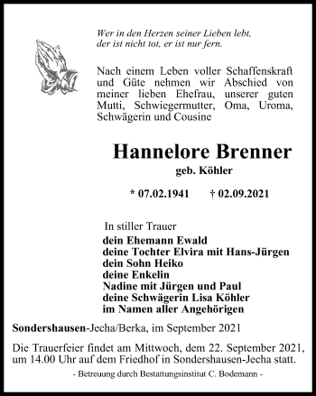 Traueranzeige von Hannelore Brenner