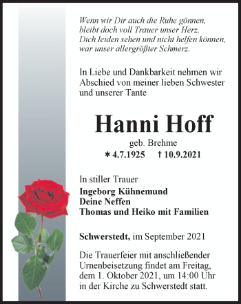 Traueranzeige von Hanni Hoff von Thüringer Allgemeine, Thüringische Landeszeitung