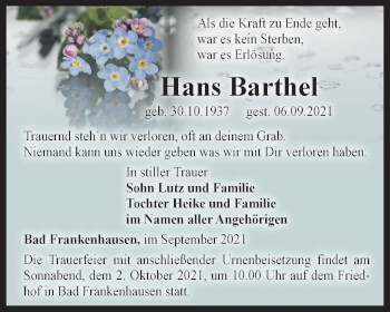 Traueranzeige von Hans Barthel von Thüringer Allgemeine