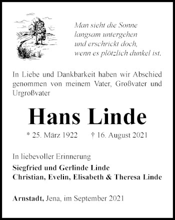 Traueranzeige von Hans Linde von Thüringer Allgemeine