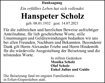 Traueranzeige von Hanspeter Scholz