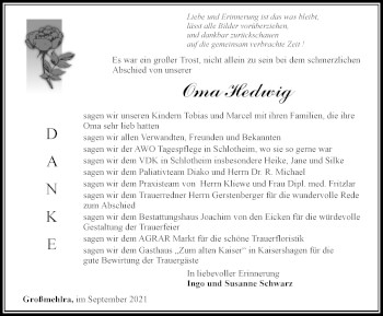 Traueranzeige von Hedwig  von Thüringer Allgemeine, Thüringische Landeszeitung
