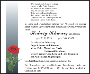 Traueranzeige von Hedwig Schwarz von Thüringer Allgemeine, Thüringische Landeszeitung
