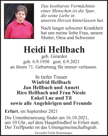 Traueranzeige von Heidi Hellbach