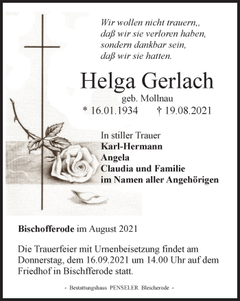 Traueranzeige von Helga Gerlach von Thüringer Allgemeine