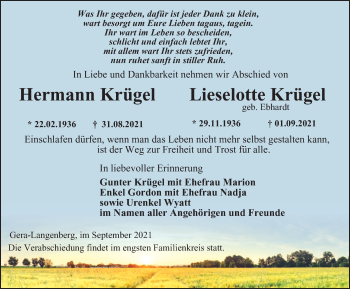 Traueranzeige von Hermann und Lieselotte Krügel von Ostthüringer Zeitung