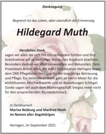 Traueranzeige von Hildegard Muth von Thüringer Allgemeine