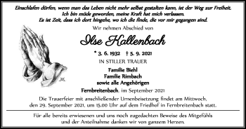 Traueranzeige von Ilse Kallenbach von Thüringer Allgemeine, Thüringische Landeszeitung