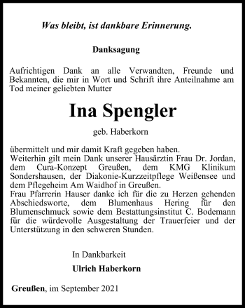 Traueranzeige von Ina Spengler