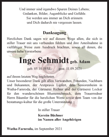 Traueranzeige von Inge Schmidt von Thüringer Allgemeine, Thüringische Landeszeitung