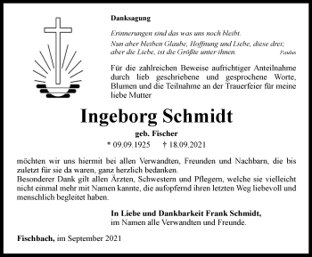 Traueranzeige von Ingeborg Schmidt von Thüringer Allgemeine, Thüringische Landeszeitung