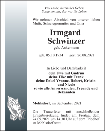 Traueranzeige von Irmgard Schwinzer von Ostthüringer Zeitung