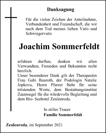 Traueranzeige von Joachim Sommerfeldt von Ostthüringer Zeitung