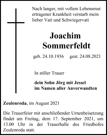 Traueranzeige von Joachim Sommerfeldt von Ostthüringer Zeitung