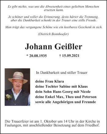 Traueranzeige von Johann Geißler von Thüringer Allgemeine