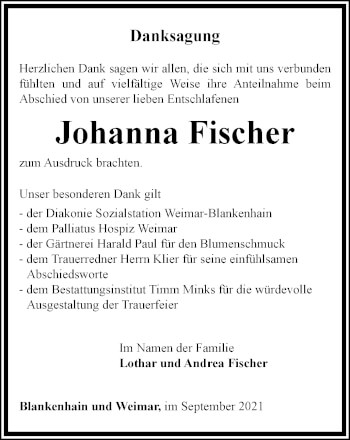 Traueranzeige von Johanna Fischer